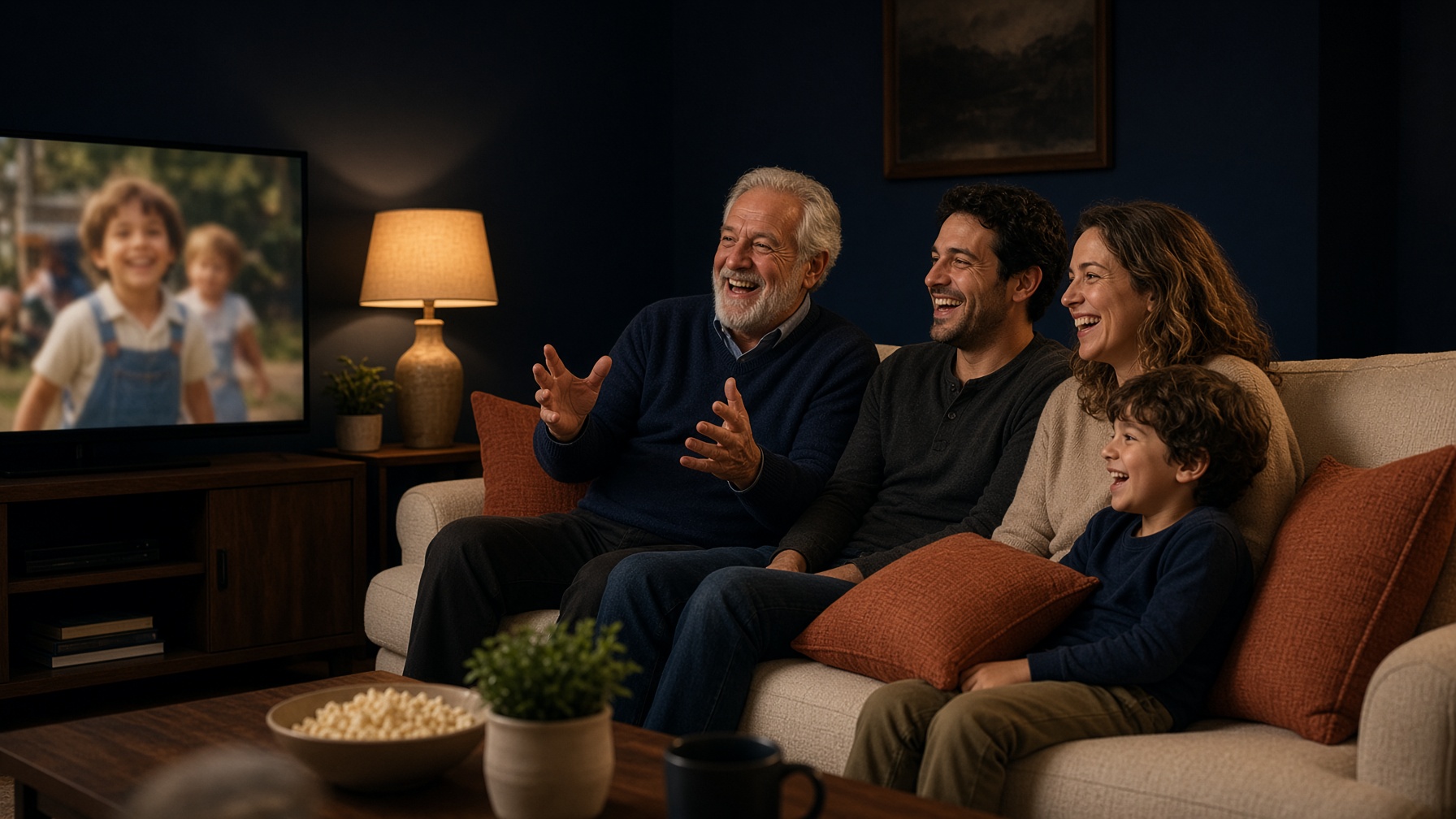A family on the sofa laughing together while watching a grandparent tell a story on television