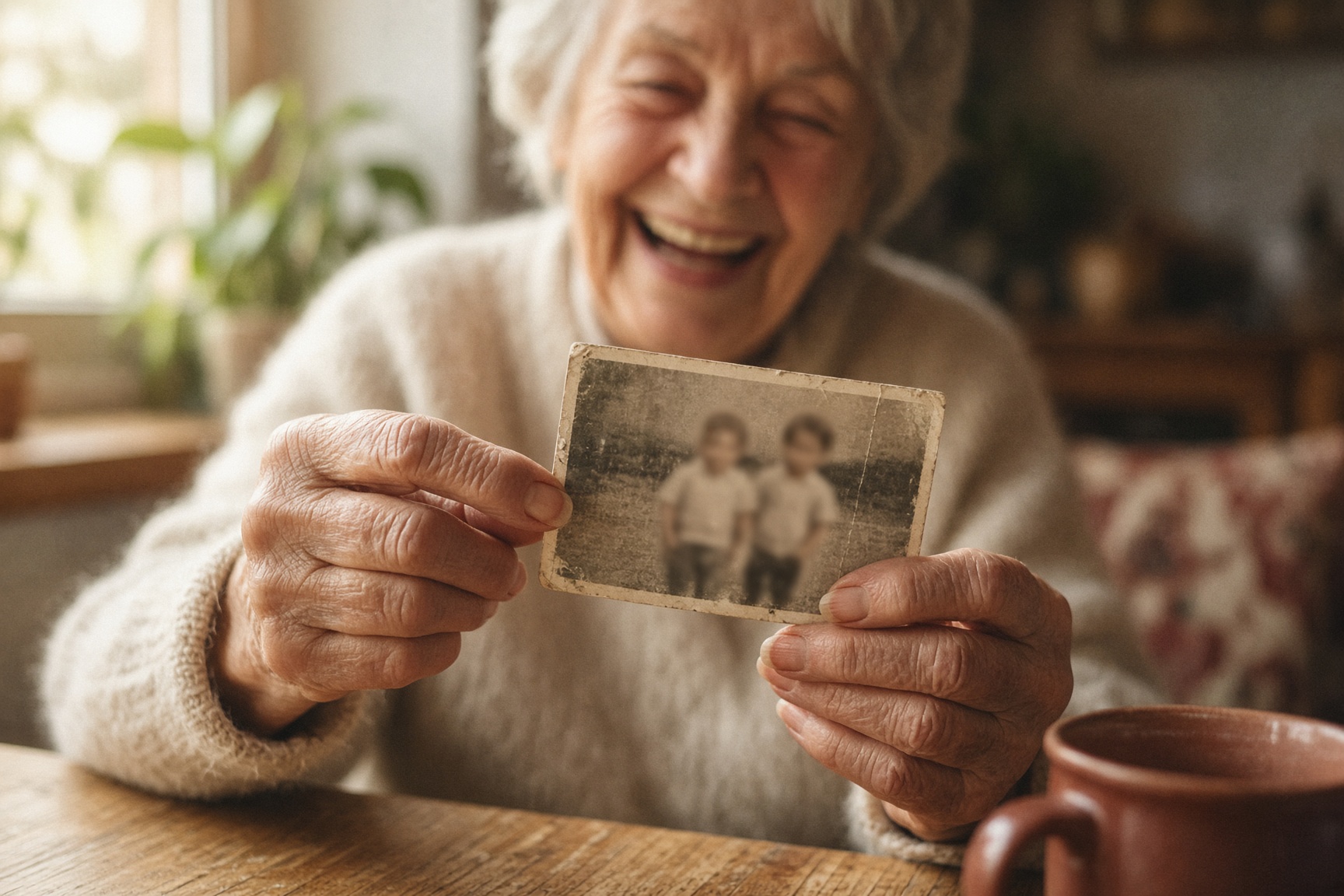 A smiling grandmother holding a faded family photograph in her hands