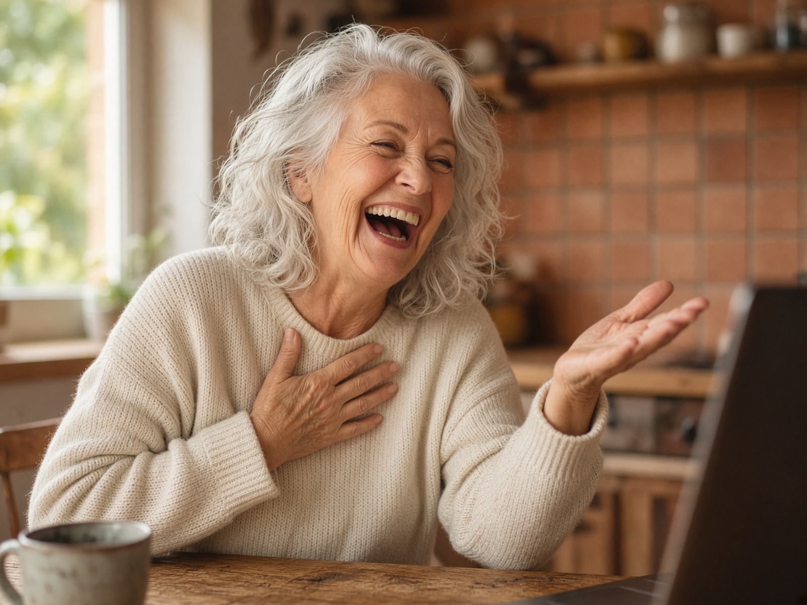 A grandmother laughing at a kitchen table while telling a story on a video call